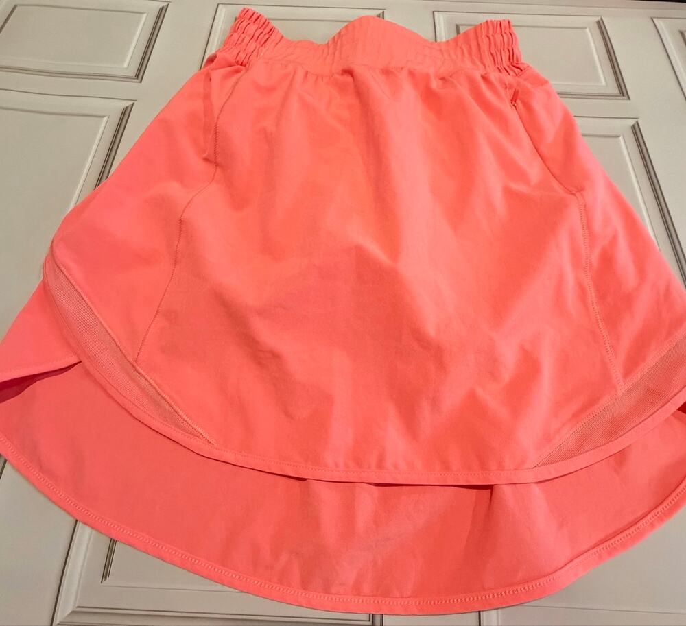 Lululemon Size 2 Coral Pink High-Rise Skirt, Smocked Waist, Mesh Side Panels